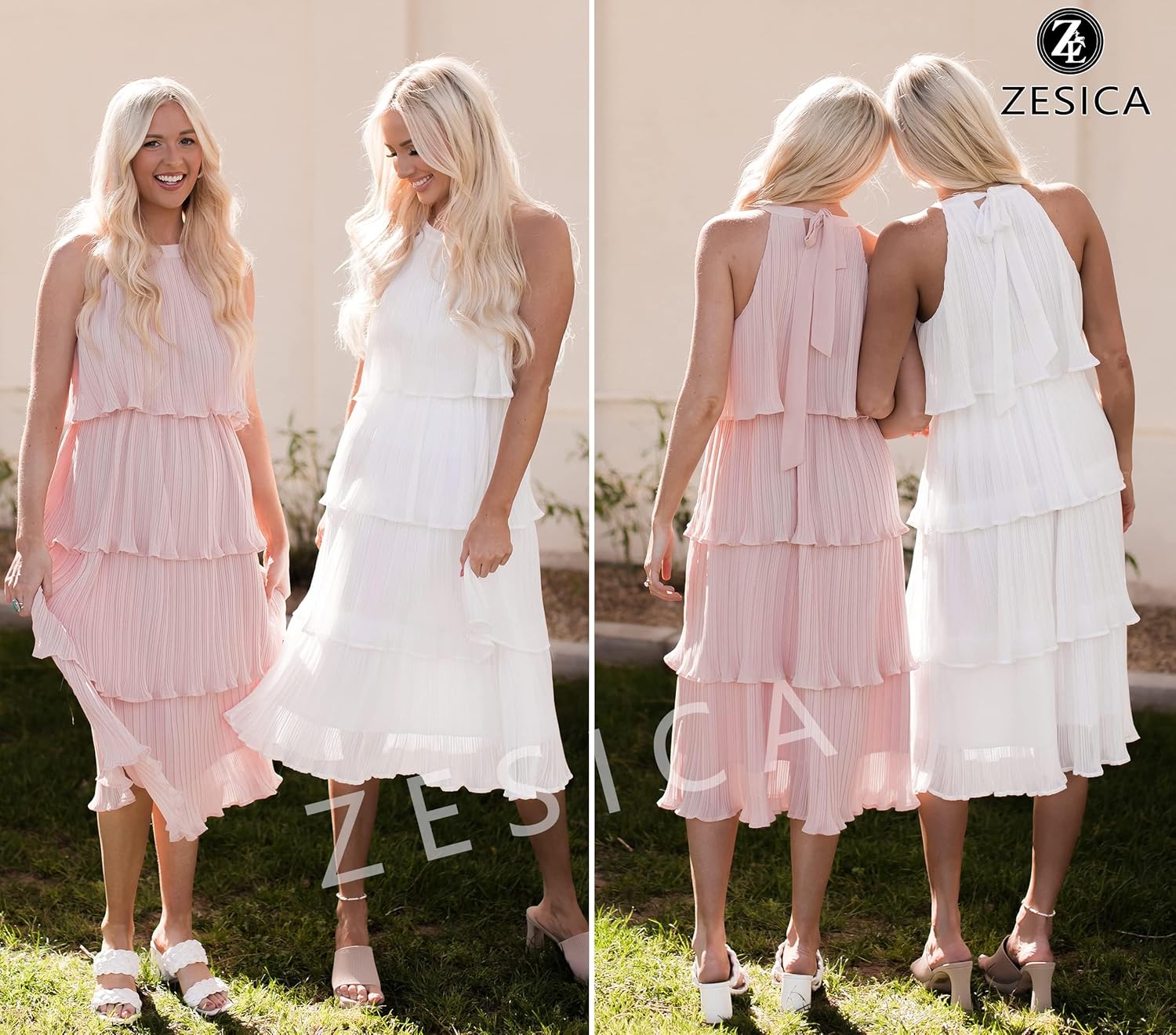 ZESICA Women's 2025 Summer Sleeveless Halter Neck Ruffle Tiered Layed Chiffon Flowy Swing Long Midi Dress
